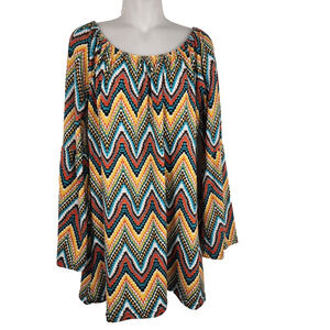 Win Win Womens Tunic Top Bell Sleeve Chevron Knit Off Shoulder 3/4 Sleeve L XL
